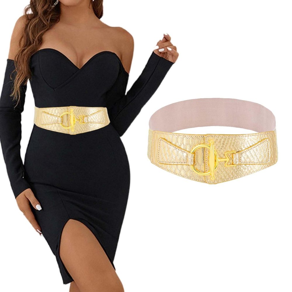 Tgirls Women's Elastic Belt Vintage Wide Waist Belts Gold O-Ring Buckle Stretch Belt for Women Dresses (Gold, Fit Waist:31''-36'')