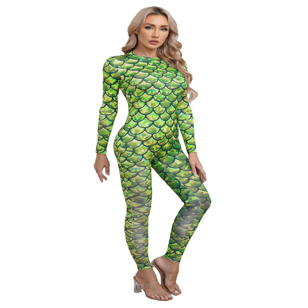 YONGHS Women 3D Fish Scale Print Jumpsuit Full Cover Stretchy Unitard Bodysuit Halloween Cosplay Costume Type F Medium
