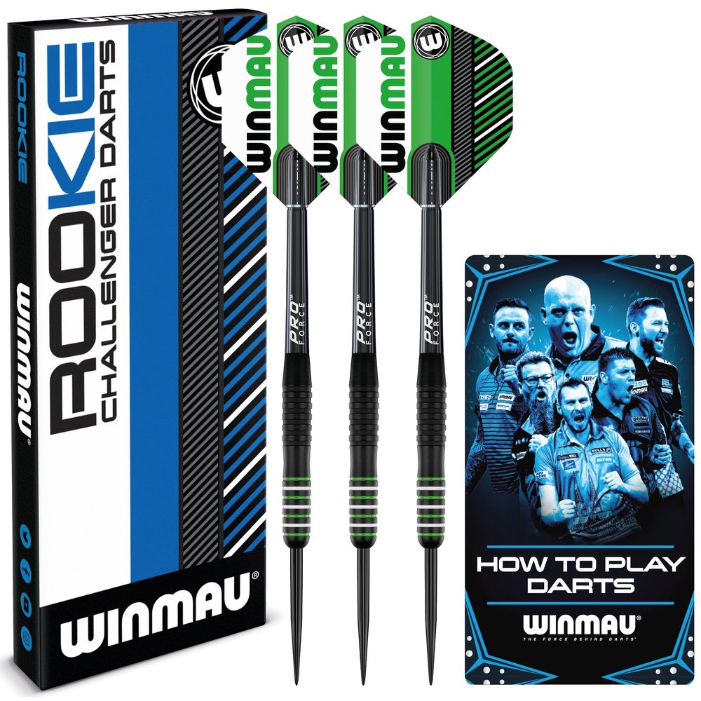 Winmau Rookie Brass Darts Set with Flights, Shafts (Stems) and Exclusive Darts Booklet - Available in Blue, Red and Green (Green)