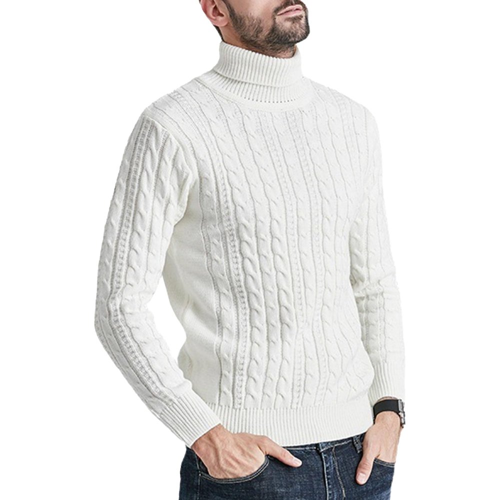 SWJGLITTR Men's Slim Fit Turtleneck Sweater Male Long Sleeve High Neck Warm Sweaters Men Casual Cable Knitted Pullover (3X-Large,White)