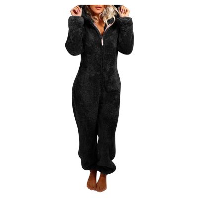 Auwer Hooded Onesie Pajamas for Adults Fleece Sherpa Sleepwear for Women Bear Onesie One Piece Pajamas