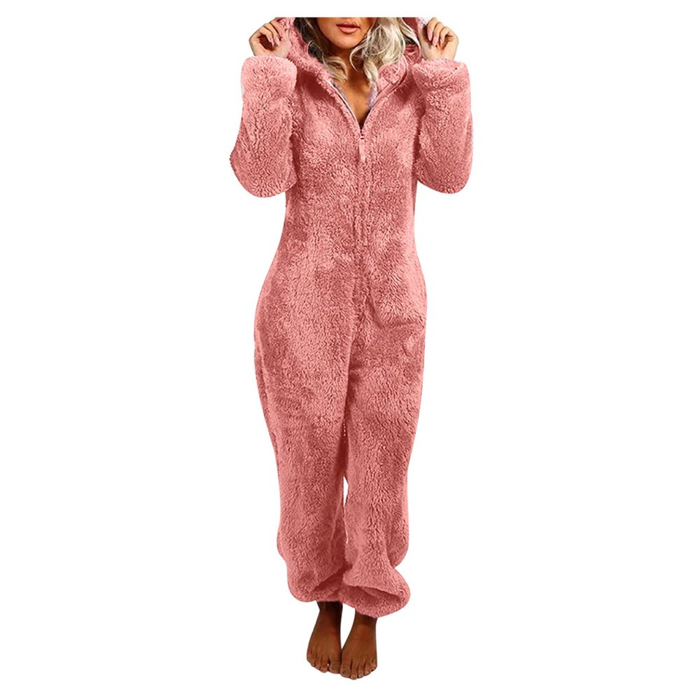 Hooded Onesie Pajamas for Adults Fleece Sherpa Sleepwear for Women Bear Onesie One Piece Pajamas