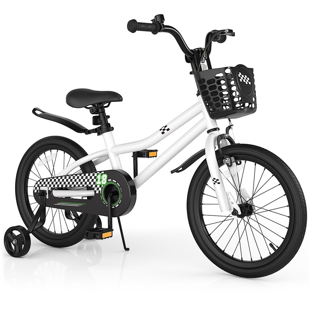 HONEY JOY Kids Bike, 14 16 18 Inch Toddler Bikes w/Training Wheels & Handbrake, Steel Frame, Fully Enclosed Chain, Adjustable Handlebar & Seat (18 Inches with Kickstand, White, Chessboard Pattern)