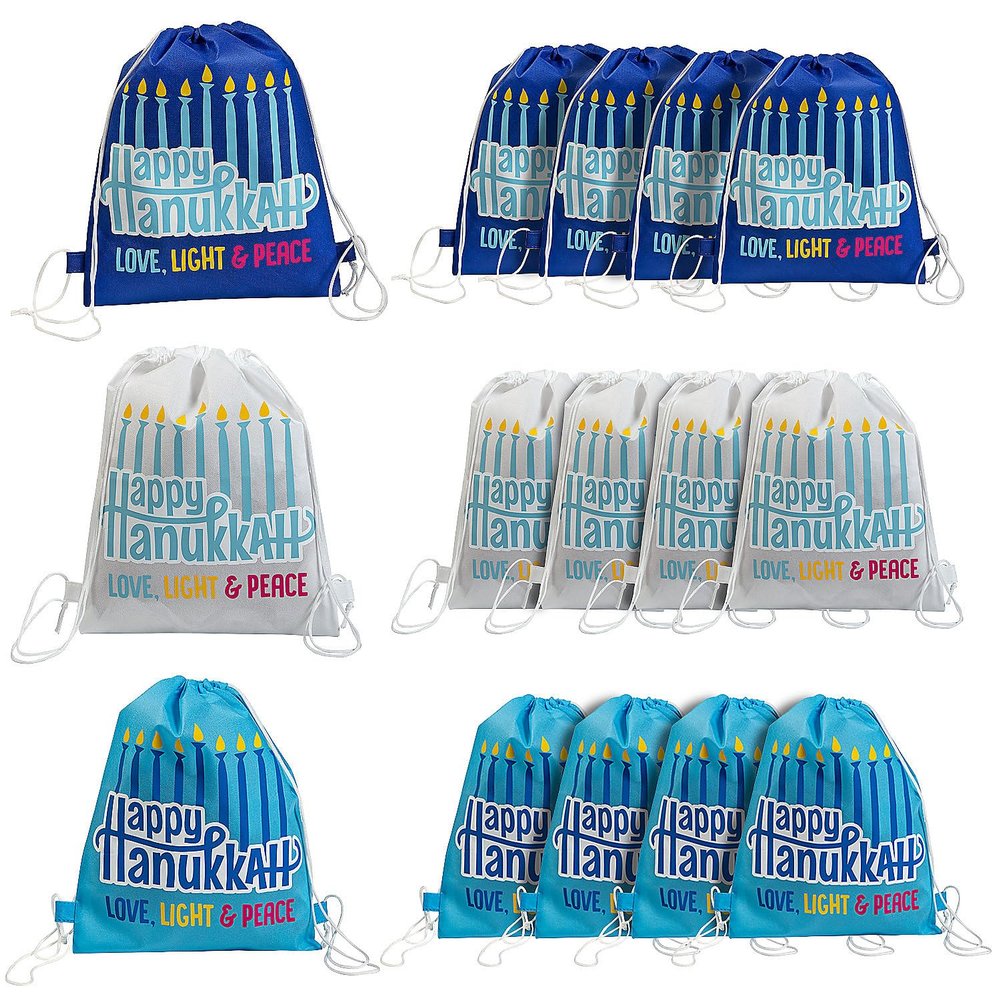 Fun Express 12" x 15" Medium Hanukkah Nonwoven Drawstring Bags - 12 Pc