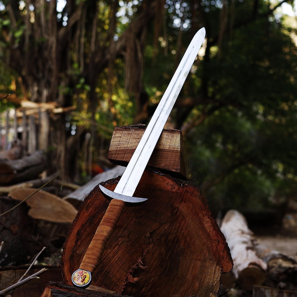 38-Inch Viking Sword with Scabbard  Handmade Damascus Steel Blade  Full Tang Norse Style  Uhtred-Inspired Medieval Sword Replica