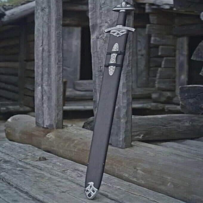 38 Viking Sword with Leather Scabbard  Handmade Damascus Steel Blade  Full Tang Norse Sword  Last Kingdom Uhtred Style Sword Replica  Medieval Warrior Collectible (WCSBL-01)
