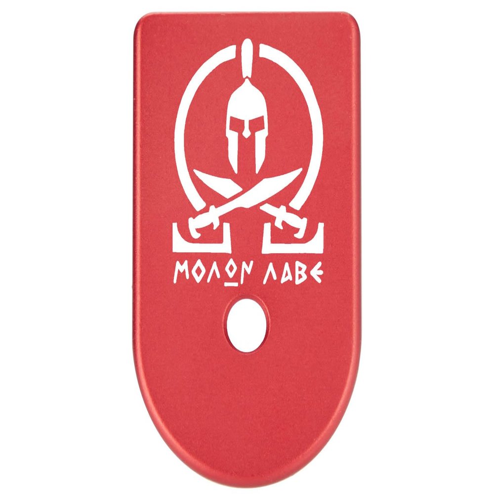 NDZ Performance Magazine Base Plate Finger Extension for Glock Gen 1-5 9MM .40 .357 SIG Laser Engraved Anodized Aluminum in Red - Molon Labe Omega Crossed Swords