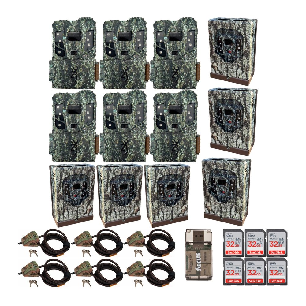 Browning 6PK Pro Scout Max Extreme HD Cellular Trail Camera Bundle with Micro/Cell Security Box, Locking Cable 32GB M/Card and Reader (19 Items)