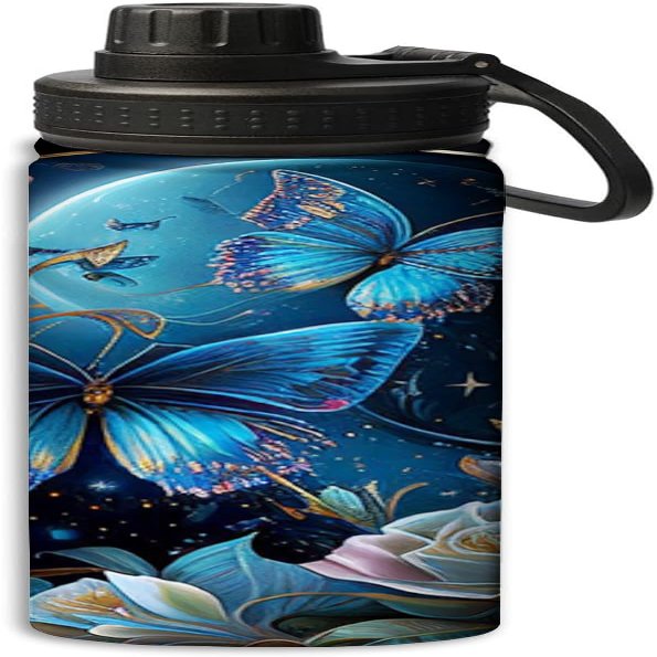 Yioniii Blue Butterflies Fluttering Over Roses and Stars pattern Water Bottle 18 oz Double Wall Vacuum Insulated Stainless Steel Wide Mouth Sports Hot & Cold Reusable Water Bottle,Blue