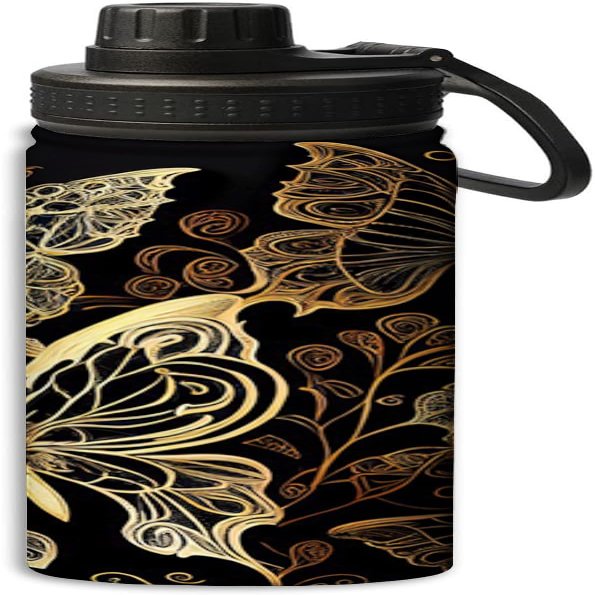 Yioniii Butterfly Dancing Gracefully pattern Water Bottle 18 oz Double Wall Vacuum Insulated Stainless Steel Wide Mouth Sports Hot & Cold Reusable Water Bottle,Gold and Black