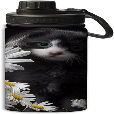 Yioniii Daisies And Cute Dog pattern Water Bottles Insulated 18 oz,Insulated Double Walled Leak Proof Sports Water BottleThermo Mug Keep Cold and Hot,Black and White
