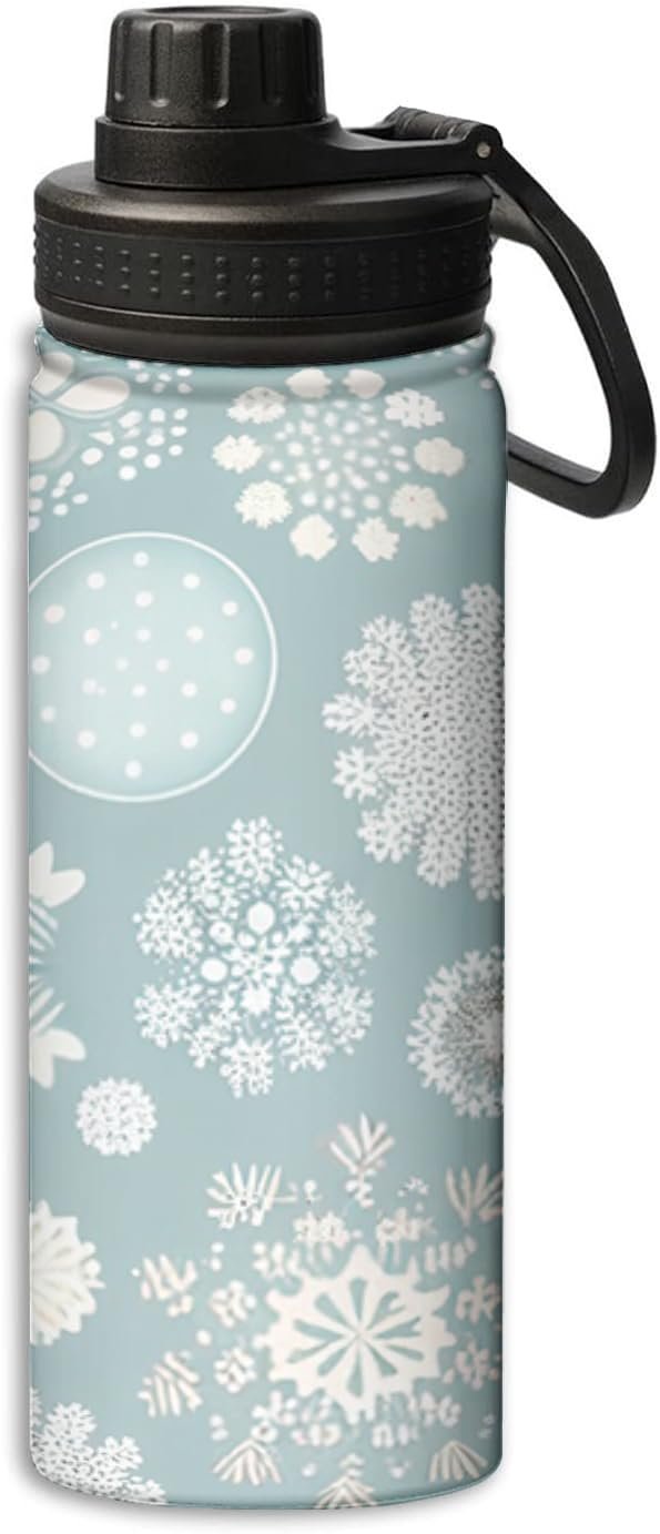 Yioniii Beautiful Gray and with Snowflakes pattern Sports Leak Proof Water Bottle 18 oz, Insulated Water Bottles for Bicycles,Fitness,Yoga,Hiking etc.Gray and White