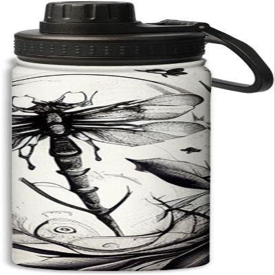 Yioniii Dragonfly Artwork Prints pattern Water Bottle 18 oz Double Wall Vacuum Insulated Stainless Steel Wide Mouth Sports Hot & Cold Reusable Water Bottle,Black and White