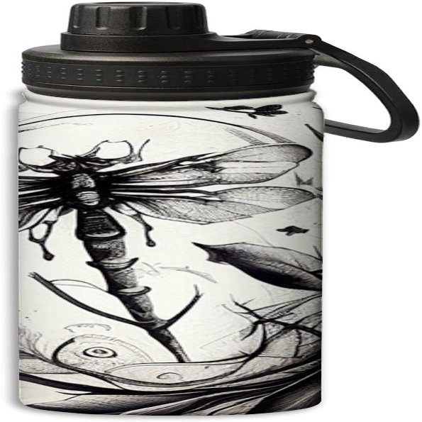 Yioniii Dragonfly Artwork Prints pattern Water Bottle 18 oz Double Wall Vacuum Insulated Stainless Steel Wide Mouth Sports Hot & Cold Reusable Water Bottle,Black and White