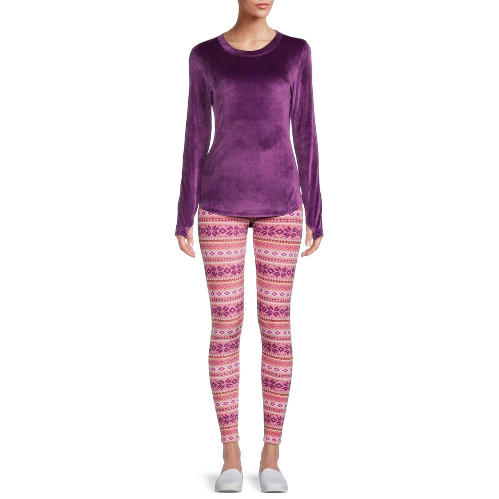 Cuddl Duds ClimateRight Women's Velour Base Layer Top and Leggings Thermal Set, 2-Piece (2XL (XXL), Wineberry Fairisle)