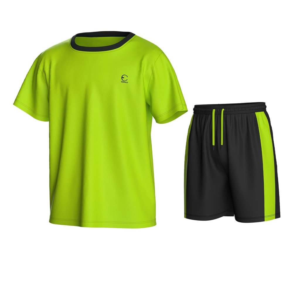 Essenclo Boys Athletic Shorts and Performance T-Shirt Crew Neck Boy Clothes Set, Summer Kids Outfit Size 3-16 (2 Pcs Set) - E1002 - Lime Green - 15-16