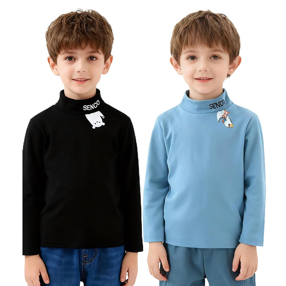HSTiSan Boys Girls Tee T-Shirt Thermal Underwear Half Collar Basic Tops 2 Piece Kids Warm Undershirts Black+Blue 2-3Years