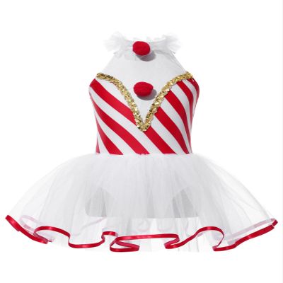 Moily Kids Girls Christmas Dance Dress Candy Cane Stripes Ballet Tutu Leotard for Carnival Party Stage Performance Red 10 Years