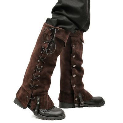 FURPHI Medieval Pirate Boot Covers Faux Leather Steampunk Leg Costume for Men (Tan)