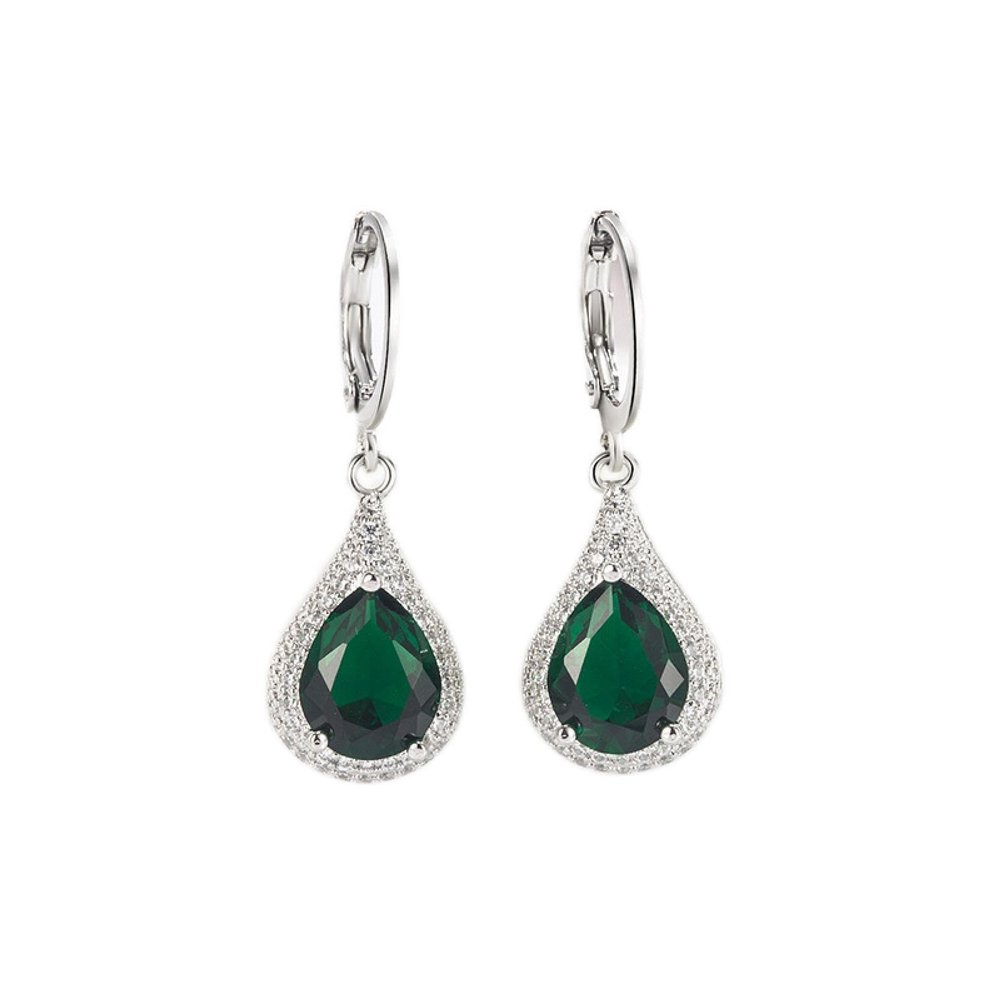 Diamond Embellished Drop-Shaped Emerald Earrings and Earring Jewelry - Charming Female Gemstone Jewelry EmeraldEarrings[WhiteGold]