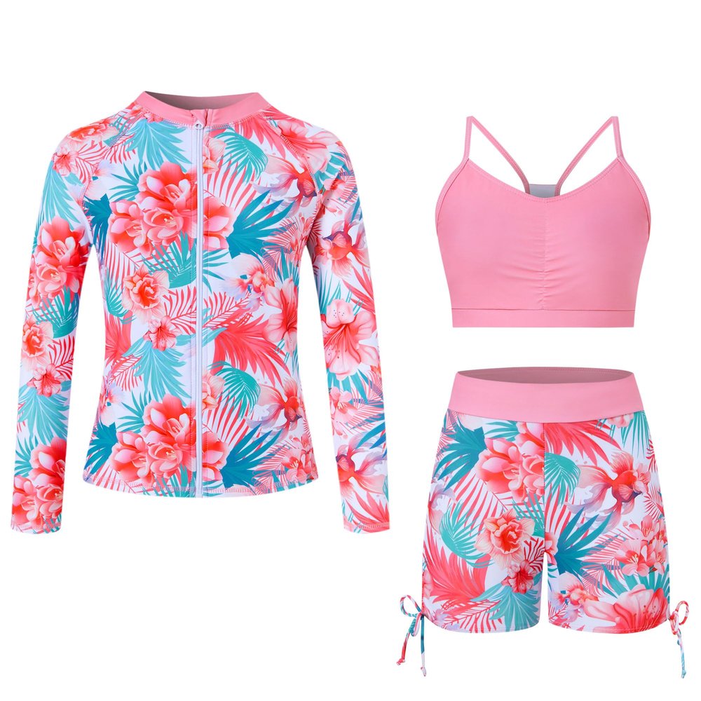 Funnycokid Girls Swimsuit Size 7 8 Pink Floral Rash Guard Zip Kids Boyshorts Bathing Suit Long Sleeve Bikini Black Swimwear 3 Pieces