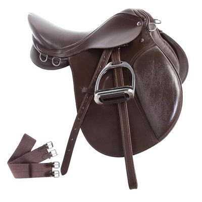 All Purpose Premium Leather English Riding Horse Saddle Tack Kit Stirrup Girth 12 13 14 15 16 17 18 Brown ST-ES-008 (16" Seat)