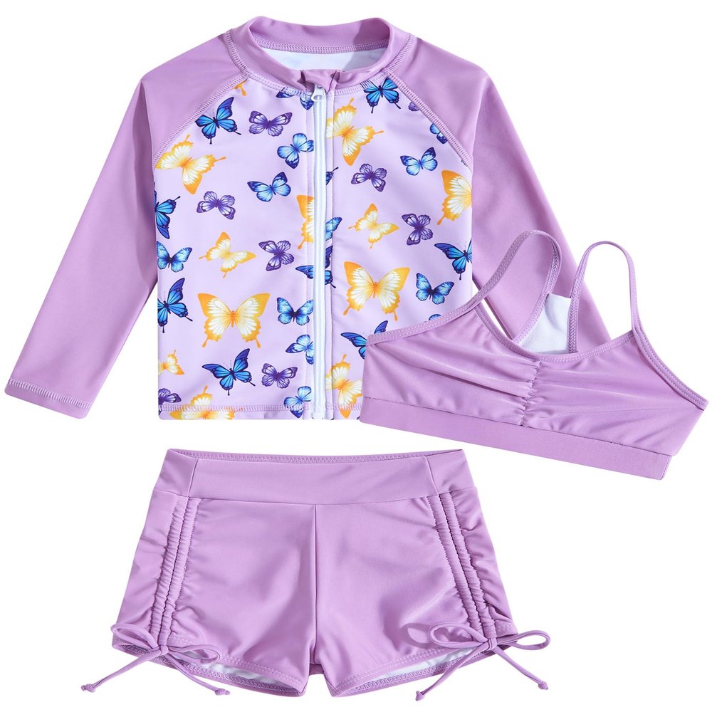 Funnycokid Girls Swimsuit Size 7 8 Butterflies Rash Guard Zip Kids Boyshorts Bathing Suit Long Sleeve Bikini Black Swimwear 3 Pieces