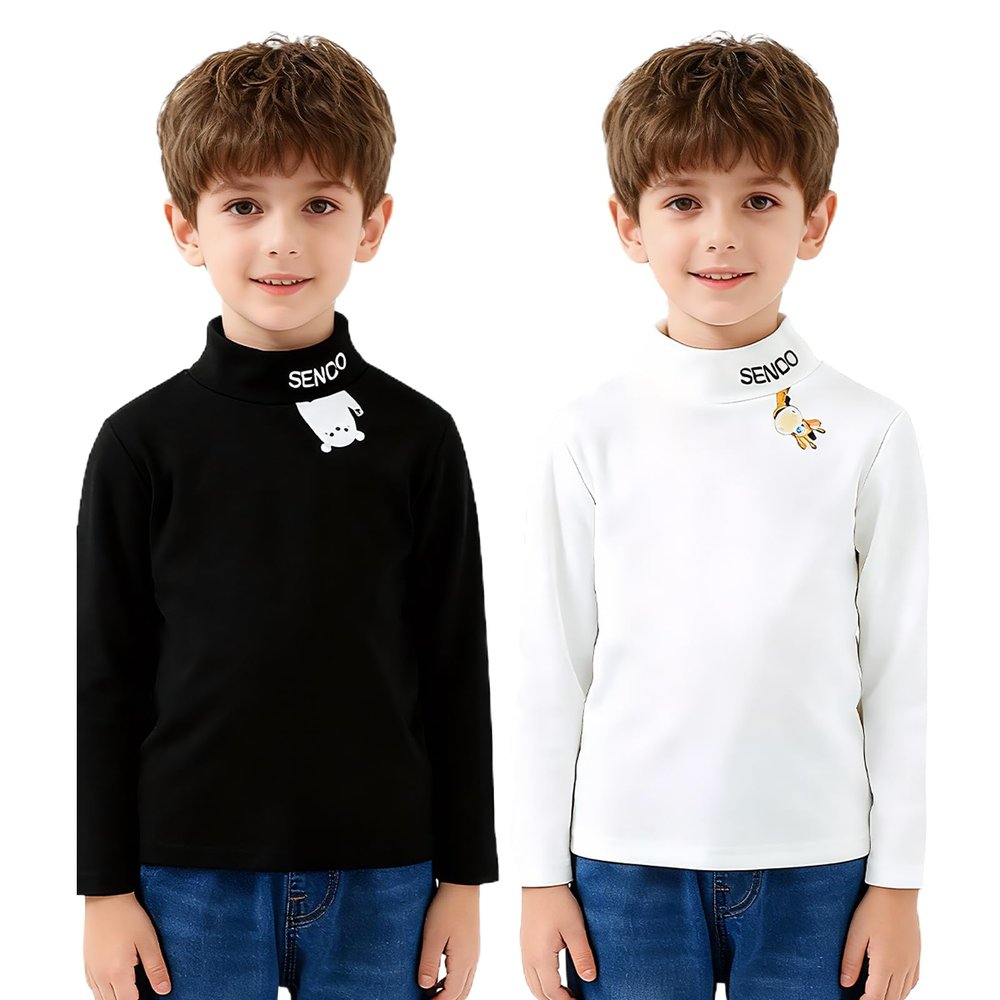 Boys Girls Thermal T-Shirt Half Collar Underwear 2-Pack Basic Soft Tops Unisex Warm Undershirts Tee Black+White 2-3Years