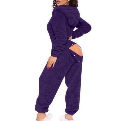 Auwer Cute One Piece Pajamas for Women Butt Flap Fleece Jumpsuit Womens Fluffy Hooded Sleepwear V Neck Onesie Purple
