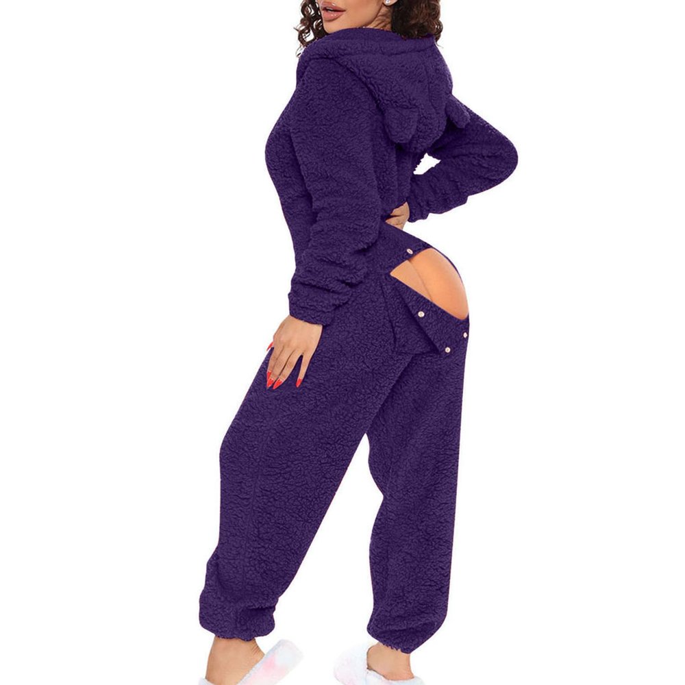 Auwer Cute One Piece Pajamas for Women Butt Flap Fleece Jumpsuit Womens Fluffy Hooded Sleepwear V Neck Onesie Purple
