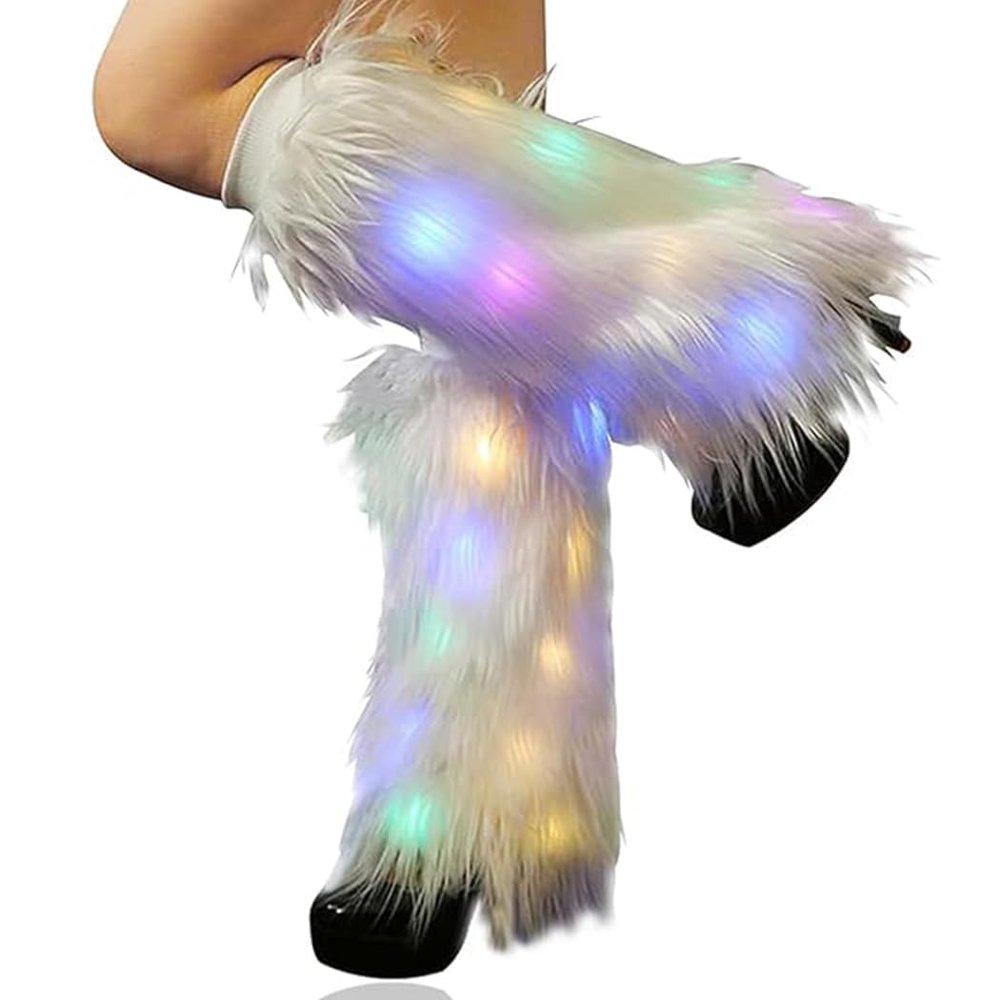 Bmirth White Leg Warmers Neon Light Up Leg Warmers 70s 80s Dance Hosiery Halloween Party Costume Christmas Rave Fuzzy LED Long Boots Cover Shoes