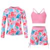 Funnycokid Little Girl Swimsuit Size 5 6 Rash Guard Zipper Bathing Suit Cute Pink Floral Swimwear Short Long Sleeve 3 Pieces Kids Bikini view 1
