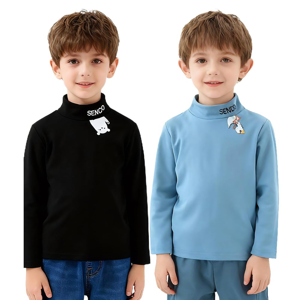 HSTiSan Boys Girls Tee T-Shirt Thermal Underwear Half Collar Basic Tops 2 Piece Kids Warm Undershirts Black+Blue 9-10Years