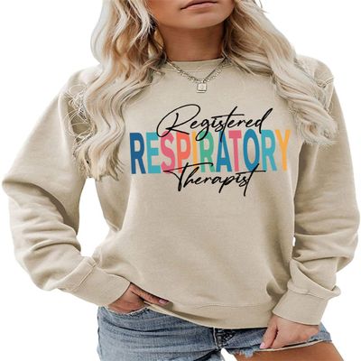 ESIKAH Registered Respiratory Therapist Sweatshirt Respiratory Therapy Gift Shirts Women Crewneck RT Department Pullover Tops Beige, Medium