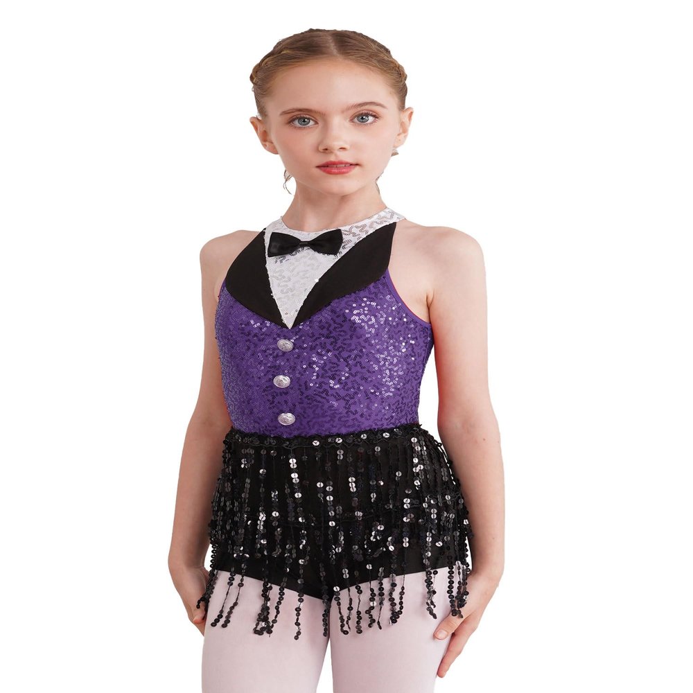 Winnrchan Kids Girls' Sequins Latin Jazz Dance Costume Tassel Tuxedo Modern Dance Leotard Jumpsuit Purple 10 Years