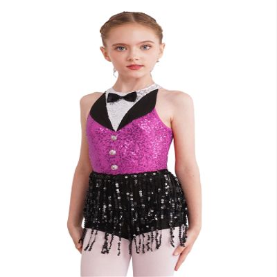 Winnrchan Kids Girls' Sequins Latin Jazz Dance Costume Tassel Tuxedo Modern Dance Leotard Jumpsuit Hot Pink 14 Years