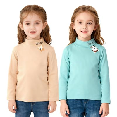 HSTiSan Boys Girls Thermal T-Shirt Half Collar Soft Tee Warm Underwear Basic Tops Children's Undershirts 2PCS Light Green+Khaki 5-6Years