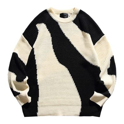 Men's Black and White Sweater Male Dual Color Casual Knit Pullover Men Soft Crewneck Fall Winter Cardigan (Large,Black)