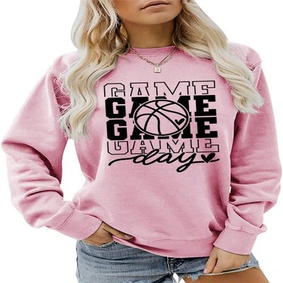 ATETYRP Basketball Game Day Sweatshirt, Basketball Cheer Mom Shirt Women Crewneck Pullover Tops Funny Sport Day Sweater Gifts Pink