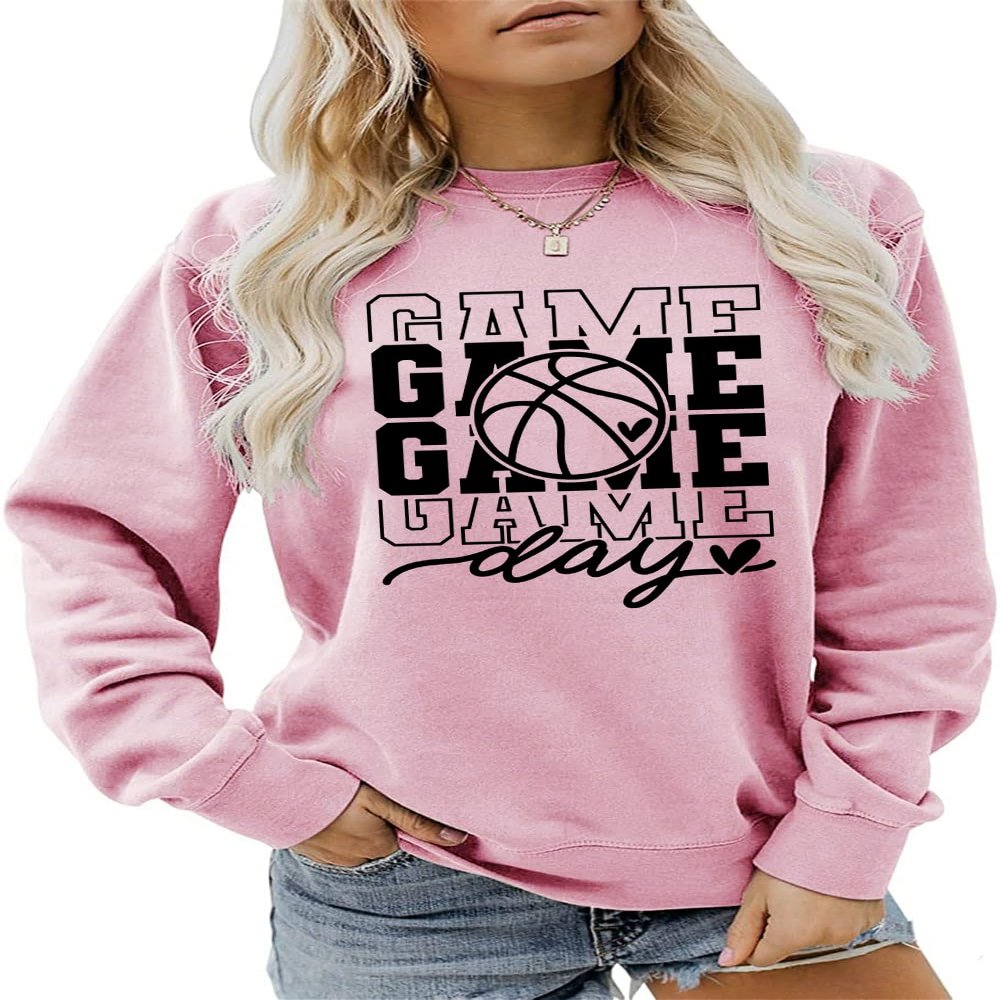 ATETYRP Basketball Game Day Sweatshirt, Basketball Cheer Mom Shirt Women Crewneck Pullover Tops Funny Sport Day Sweater Gifts Pink