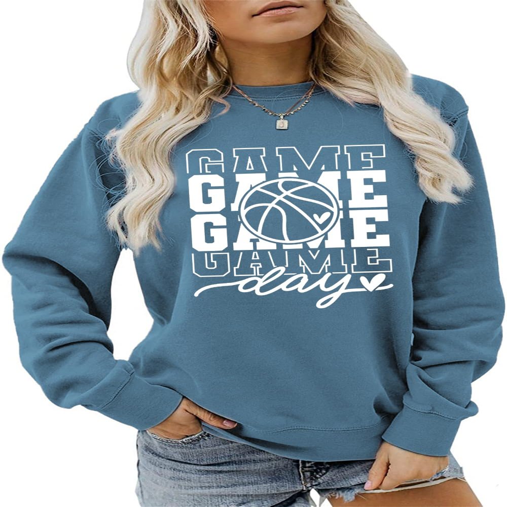 ATETYRP Basketball Game Day Sweatshirt, Basketball Cheer Mom Shirt Women Crewneck Pullover Tops Funny Sport Day Sweater Gifts Blue