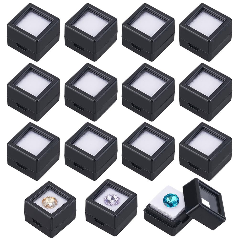 BENECREAT 36 Pack Gemstone Display Box Acrylic Diamond Display Case Black Jewelry Box with Clear Lids, White Sponge 0.8x0.6 for Treat, Gems, Diamond, Gift Packing