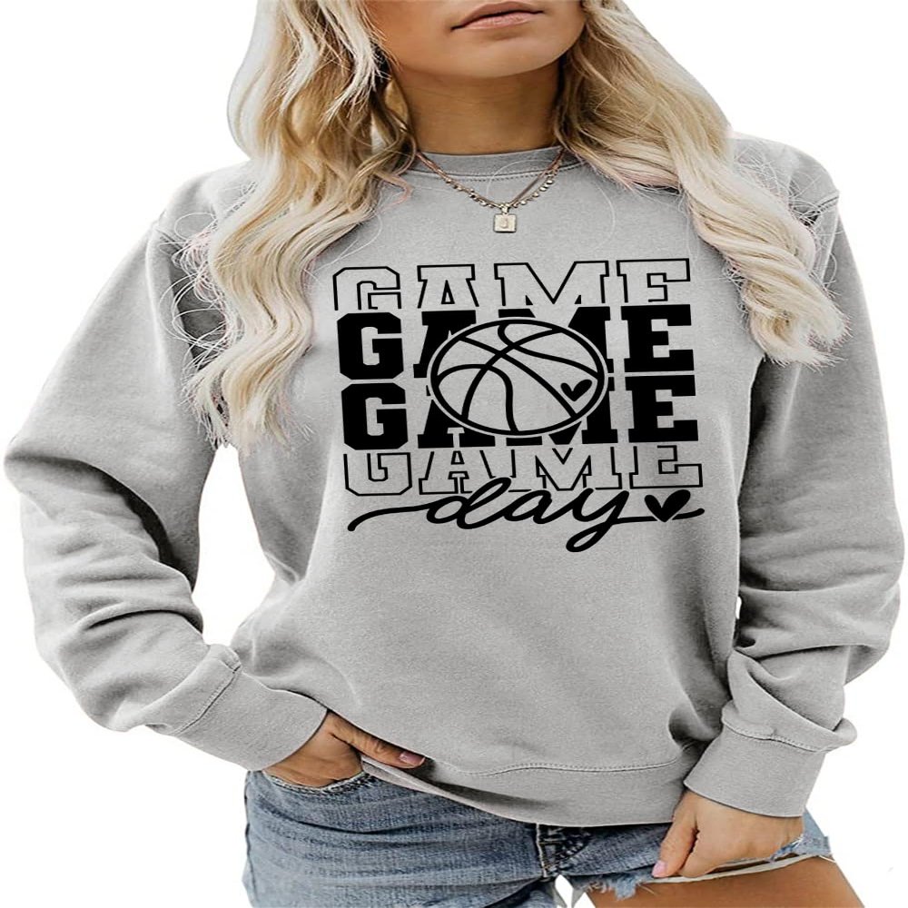 ATETYRP Basketball Game Day Sweatshirt, Basketball Cheer Mom Shirt Women Crewneck Pullover Tops Funny Sport Day Sweater Gifts Grey