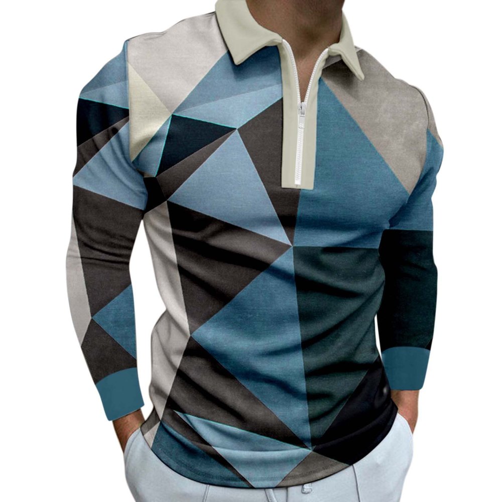 ZYXTIM Men's Fashion Zipper Polo Shirts Long Sleeve Slim Fit 3D Printed Casual Business Pullover Athletic Golf Shirt Tops
