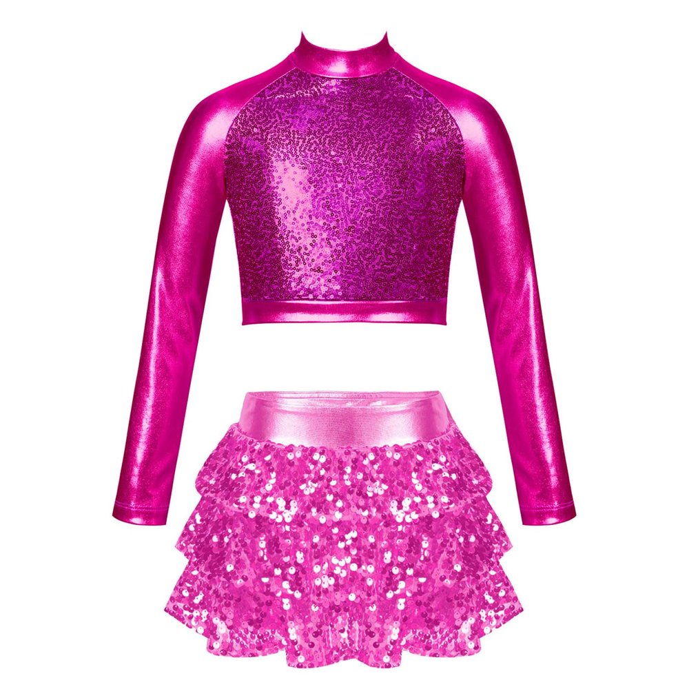 Agoky Kids Girls Shiny Sequins Jazz Hip Hop Dance Outfits Modern Dancing Costumes Performance Dancewear 6-16 Years Hot Pink B 10 Years