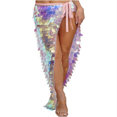 Alvivi Women's Shiny Sequin Long Skirt Belly Dance Hip Scarf Wrap Skirt Sparkly Halloween Rave Party Costume Pink X-Large