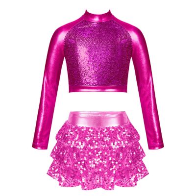 Agoky Kids Girls Shiny Sequins Jazz Hip Hop Dance Outfits Modern Dancing Costumes Performance Dancewear 6-16 Years Hot Pink B 8 Years