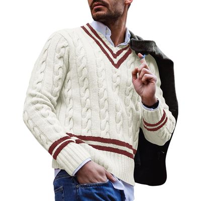 SWJGLITTR Men's V-Neck Color Matching Sweater Male Ribbed Knitted Cable Slim Fit Pullovers Man Color Block Ribbed Sweaters (XX-Large,White)