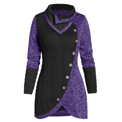 Women Long Sleeve Turtleneck Cable Knit Sweater Pullover Warm Patchwork Asymmetric Button Sweatshirt Top Plus Size