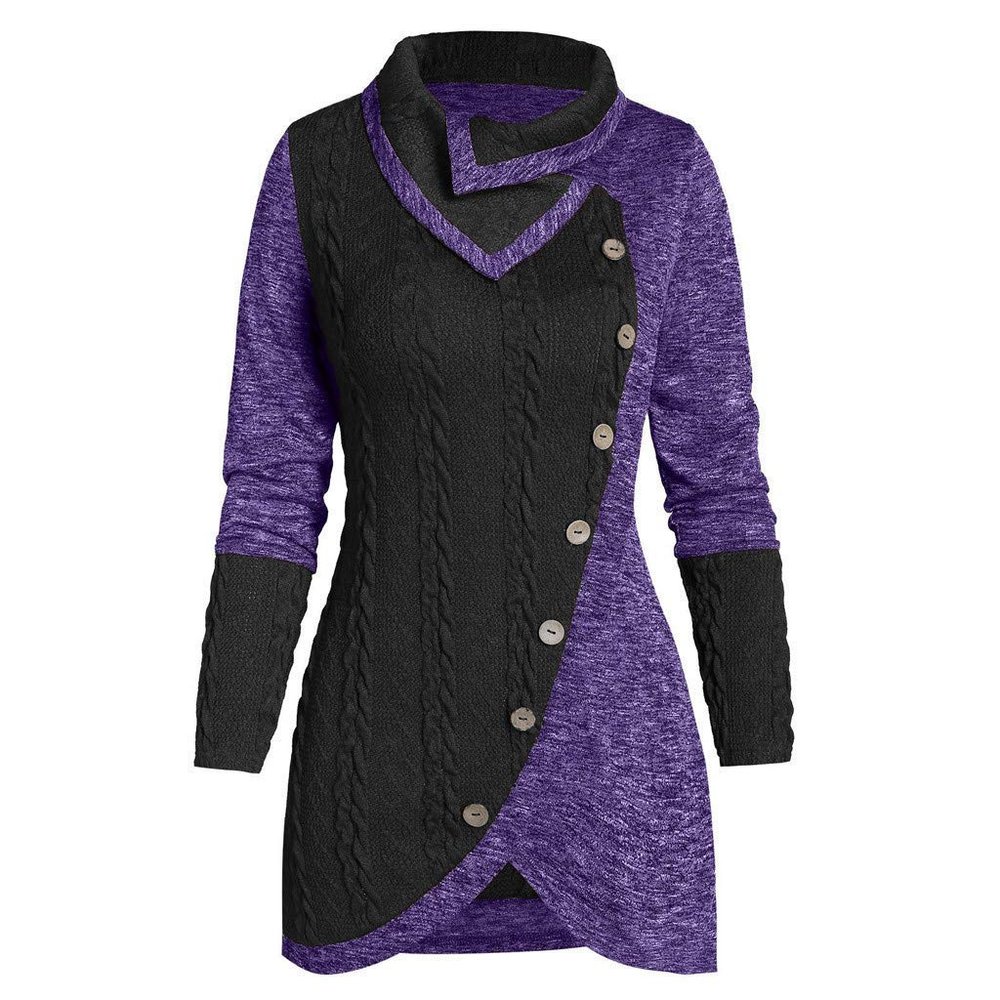 Women Long Sleeve Turtleneck Cable Knit Sweater Pullover Warm Patchwork Asymmetric Button Sweatshirt Top Plus Size
